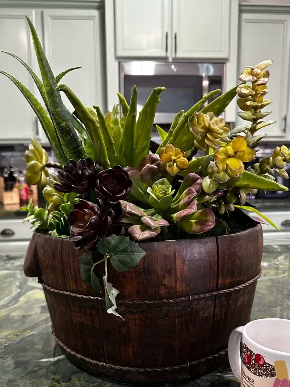 Succulent Barrel Arrangement -Green & Red Large rustic wood barrel planter 15x16